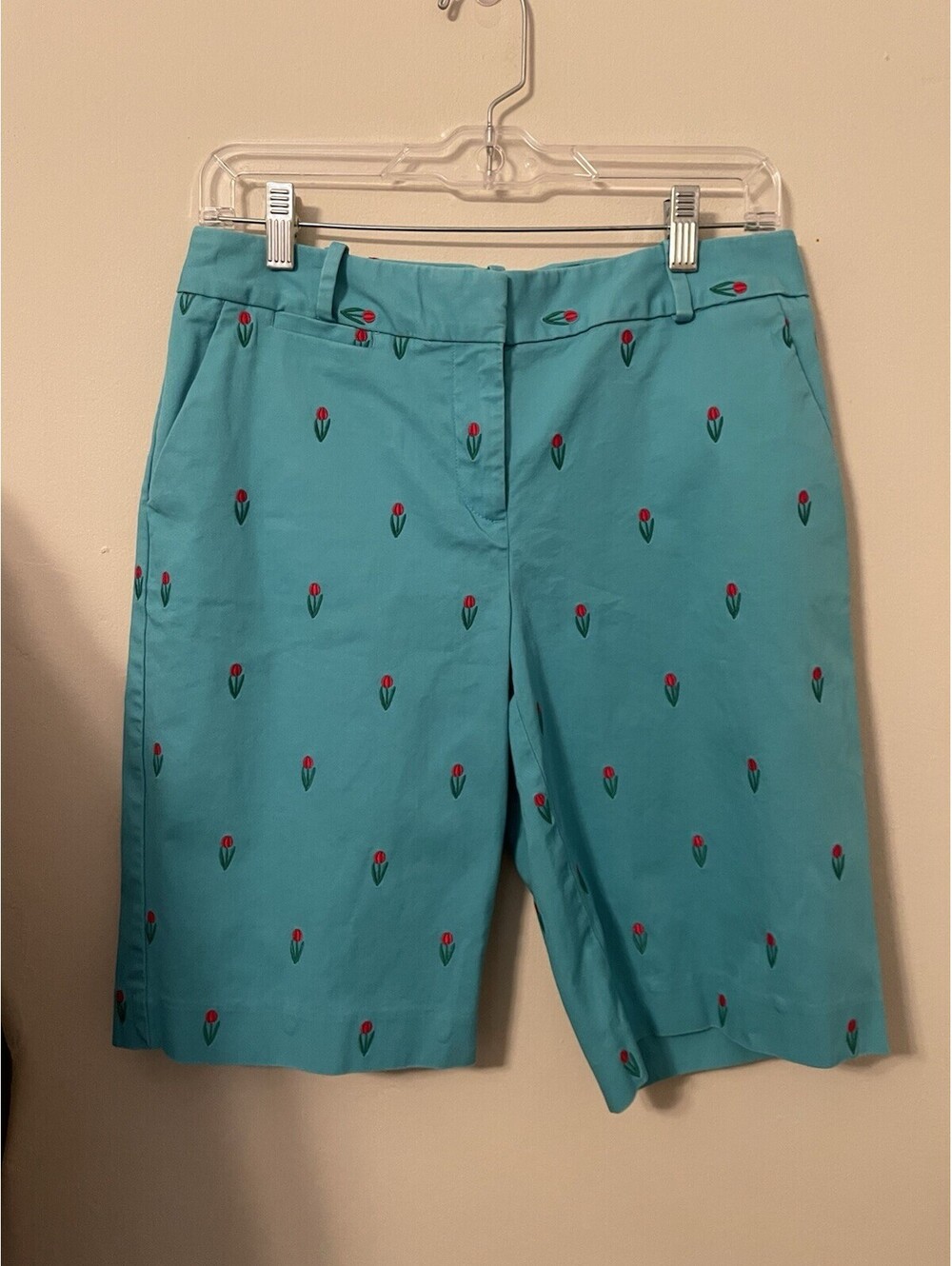 Talbots Bermuda Shorts 4 Tulip Embroidered Blue Floral Spring Garden Flower Long
